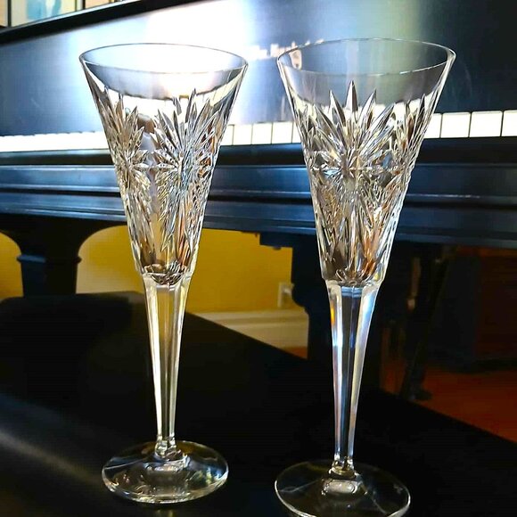2 Fabulous Waterford Cut Crystal MILLENNIUM Health Series Champagne Flutes - Picture 1 of 10